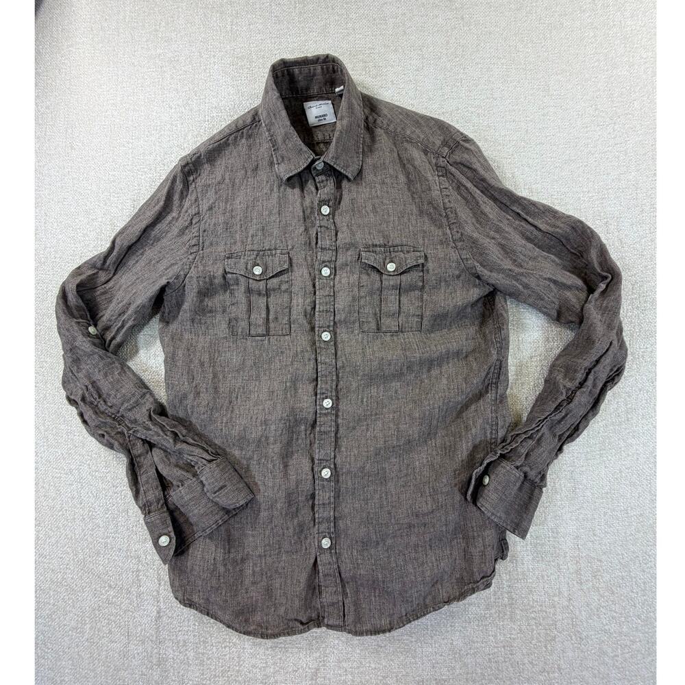 Baird McNutt Men Medium Brown 100% Linen Slim Fit Long Sleeve Button Front Shirt